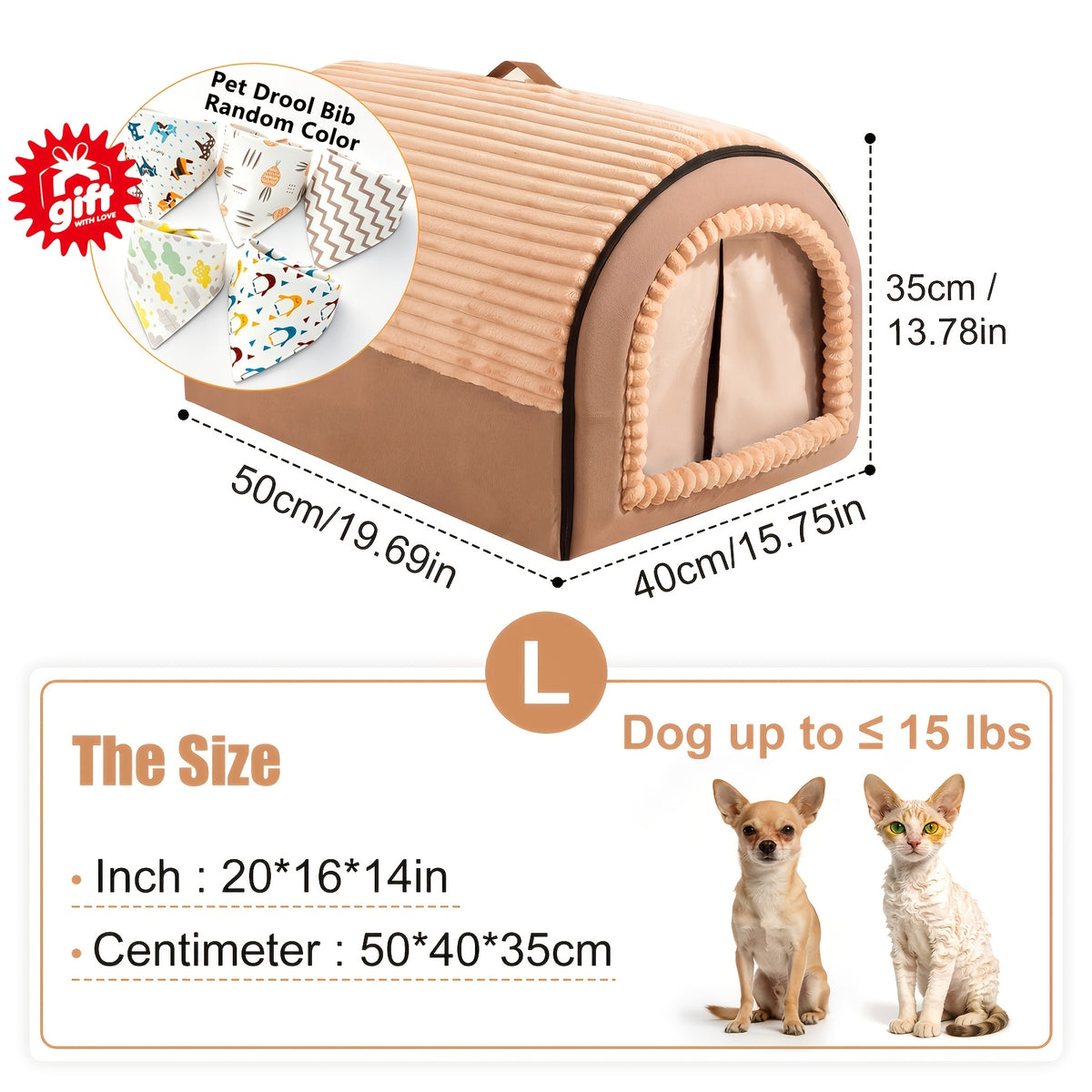 Foldable Indoor Dog House with Lid and Handle, 2-in-1 Brown Pet Tent Cave Bed with Soft Anti-Slip Washable Cushion for Dogs and Cats