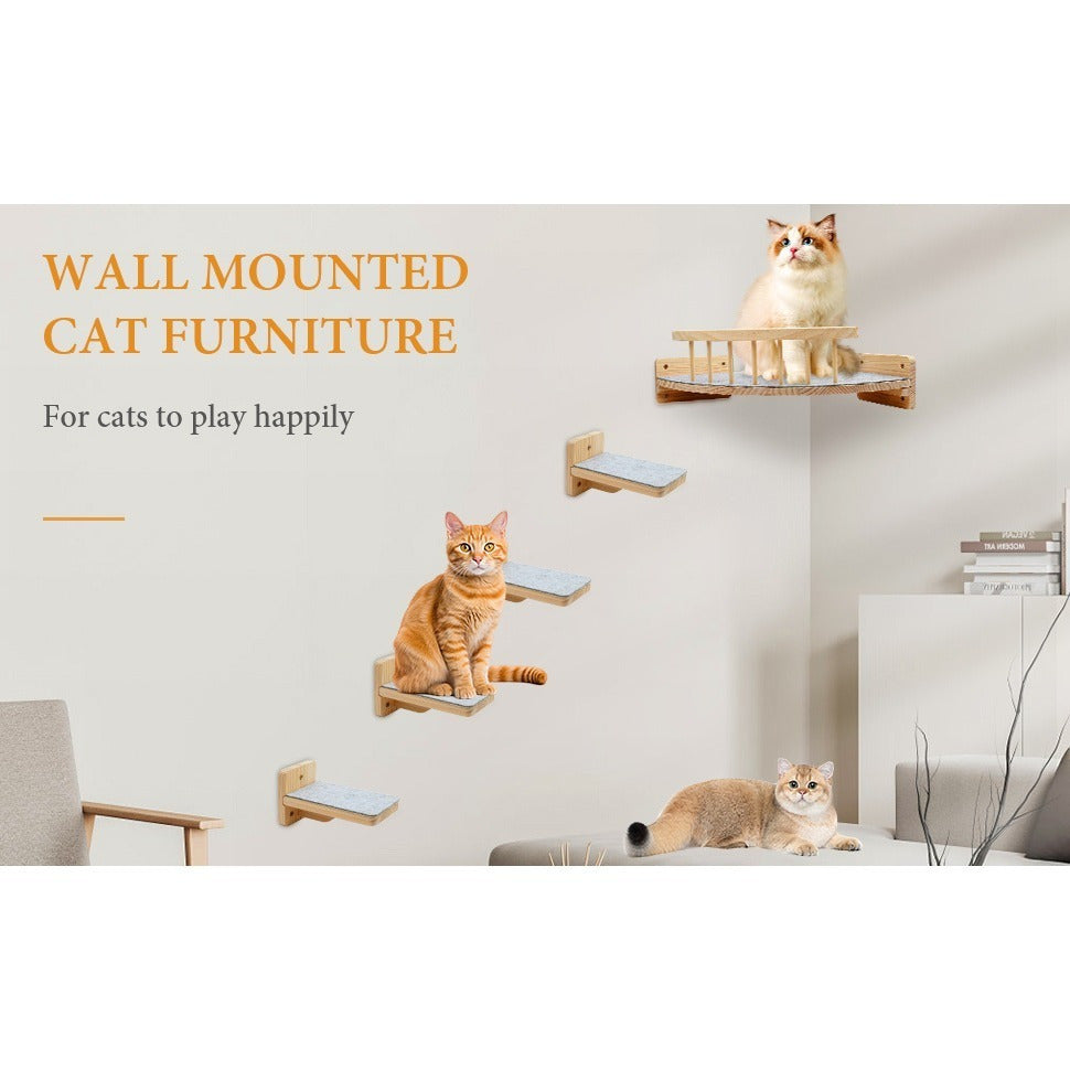 Corner Cat Shelves with 4 Climbing Steps, 13 x 13 Inch Wall-Mounted Wooden Cat Bed with 6 Felt Pads for Small and Medium Indoor Cats