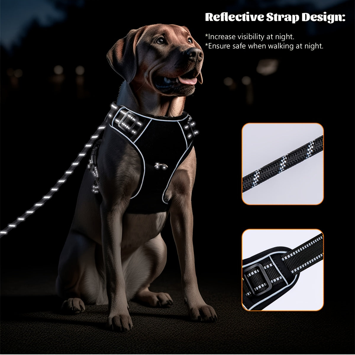 Dog Harness and 5ft Leash Bundle, Adjustable Reflective Walking Vest in Black, Blue or Red, S-XL Sizes for Everyday Walks and Training