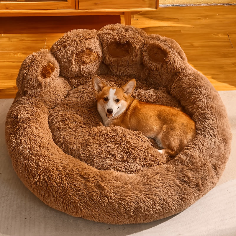 Bear Paw Pet Sofa Bed for Dogs and Cats, Soft Faux Plush Sleeping Nest with Raised Edges in Pink, Grey or Hazelnut, Four Sizes from 55 to 85 cm