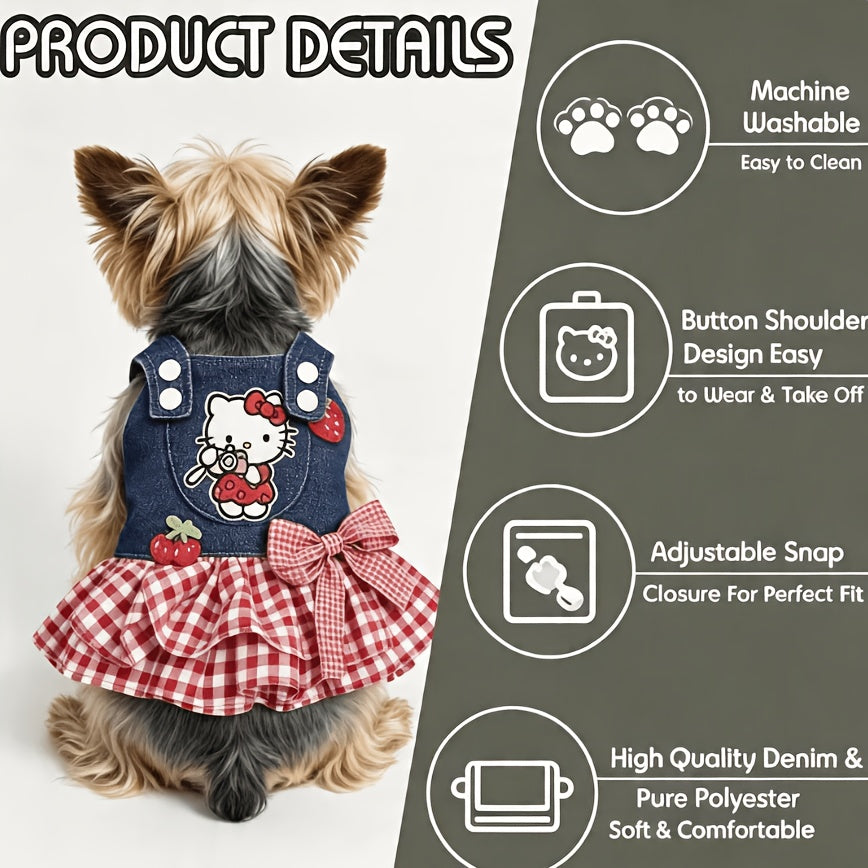 Denim Plaid Dog Dress for Small Dogs and Cats, Red Checkered Bow and Strawberry Appliques, Pleated Pet Party Outfit in XS to XL