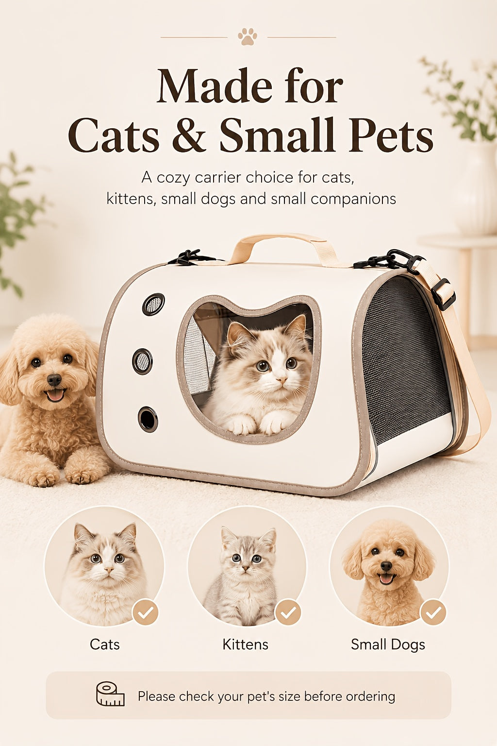 Cat Carrier with Cat-Face Viewing Window, Foldable Pet Travel Bag with Mesh Ventilation and Adjustable Shoulder Strap for Kittens and Small Dogs