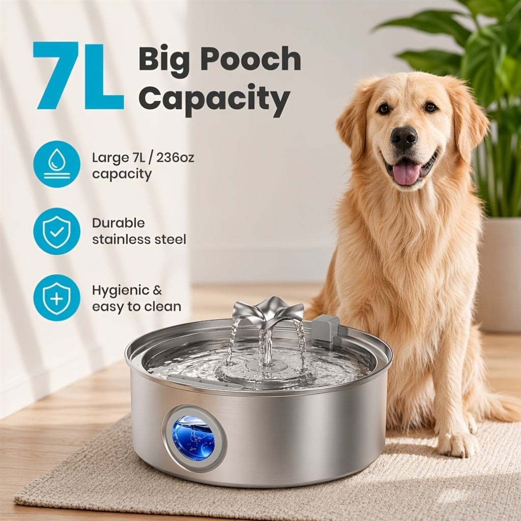 Dog Water Fountain 7L with Flower Head, 304 Stainless Steel Pet Drinking Dispenser with Water Level Window and Filter Bundle Options for Multi-Pet Homes