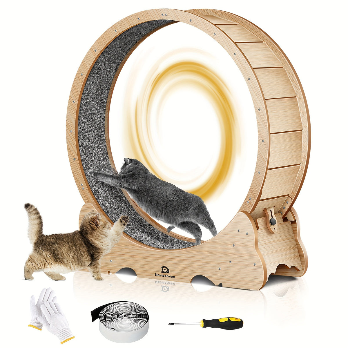 45 Inch Cat Exercise Wheel with Carpeted Runway, Large Wooden Indoor Cat Treadmill for Supervised Activity in Wood, Black or White