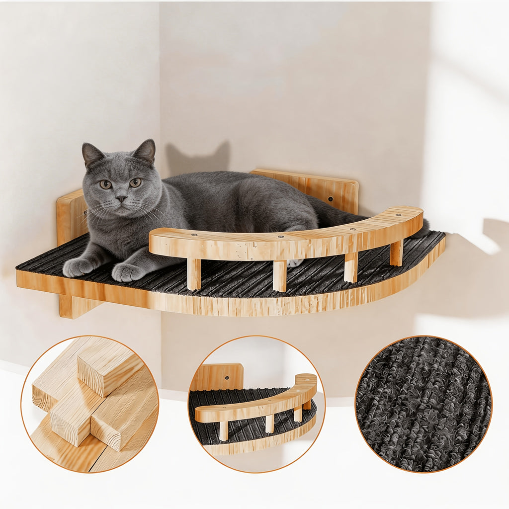 Pine Wood Cat Wall Shelves with Hammock or 4-Piece Set Options, Wall-Mounted Climbing and Resting Furniture for Indoor Cat Spaces