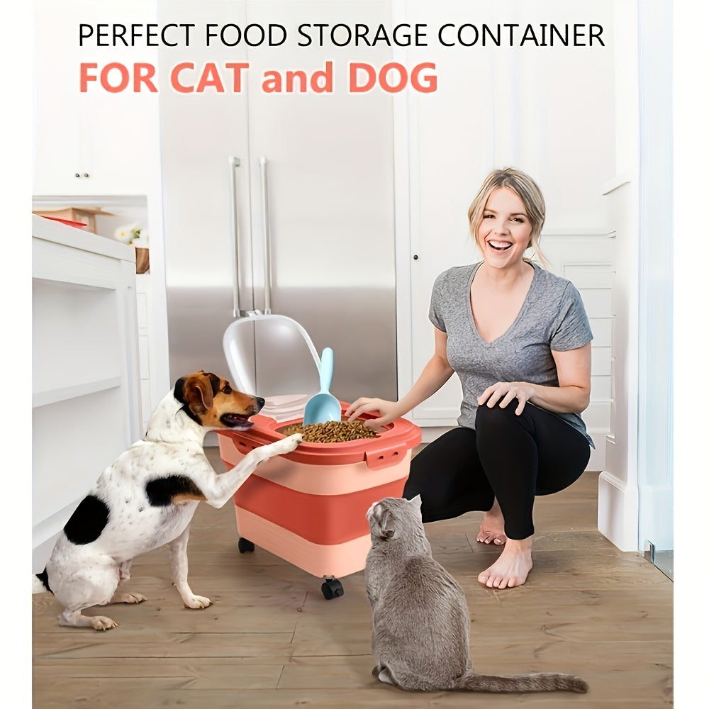 Collapsible Pet Food Storage Container with Airtight Lid and Wheels, 5-30 lb Foldable Dog and Cat Kibble Bin for Kitchen Pantry Organization