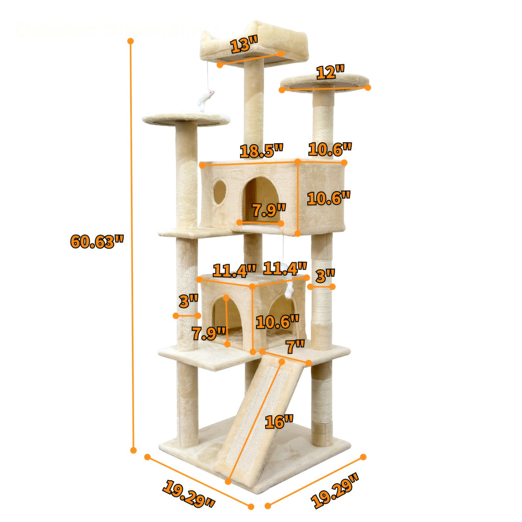 Cat Tree with Wide Base, 52.5 to 70 Inch Multi-Level Indoor Cat Tower with Plush Condo, Hammock and Sisal Scratching Posts for Climbing and Rest