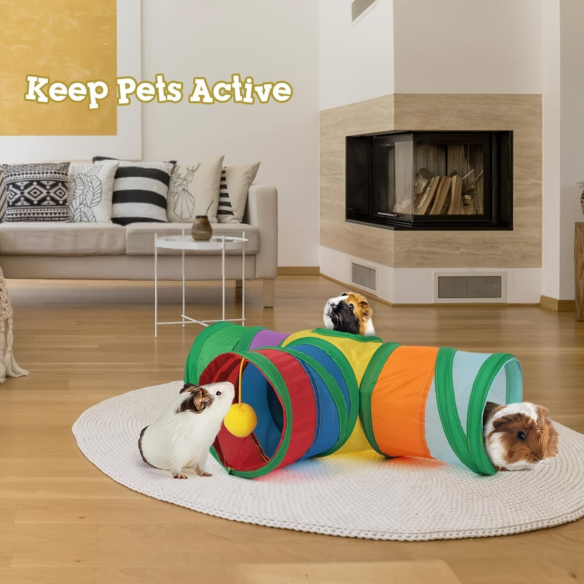 Guinea Pig Tunnel with Hanging Ball, 3-Way Collapsible Rainbow Small Pet Play Tube with Peek Hole for Hamsters, Gerbils and Supervised Indoor Exploration