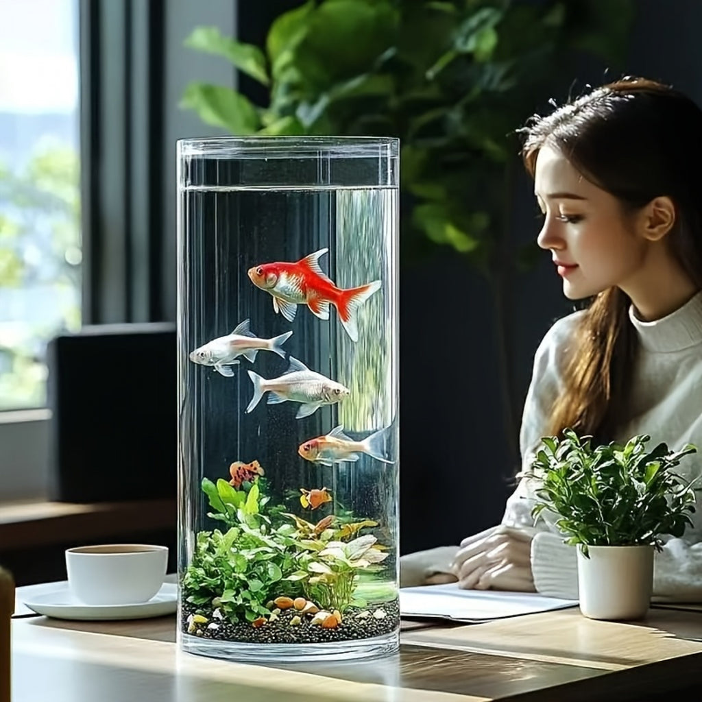 Acrylic Fish Tank with Round Cylindrical Design, 13.78 x 5.90 Inch Ornamental Aquarium Container for Home Aquatic Displays and Fishkeeping Setups