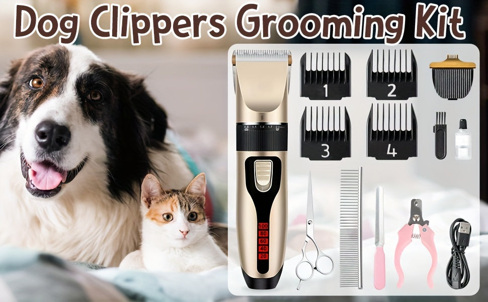 Rechargeable Dog Grooming Clippers Set in Silver, Low-Noise Electric Pet Hair Trimmer with Four Guide Combs for At-Home Dog and Cat Coat Care