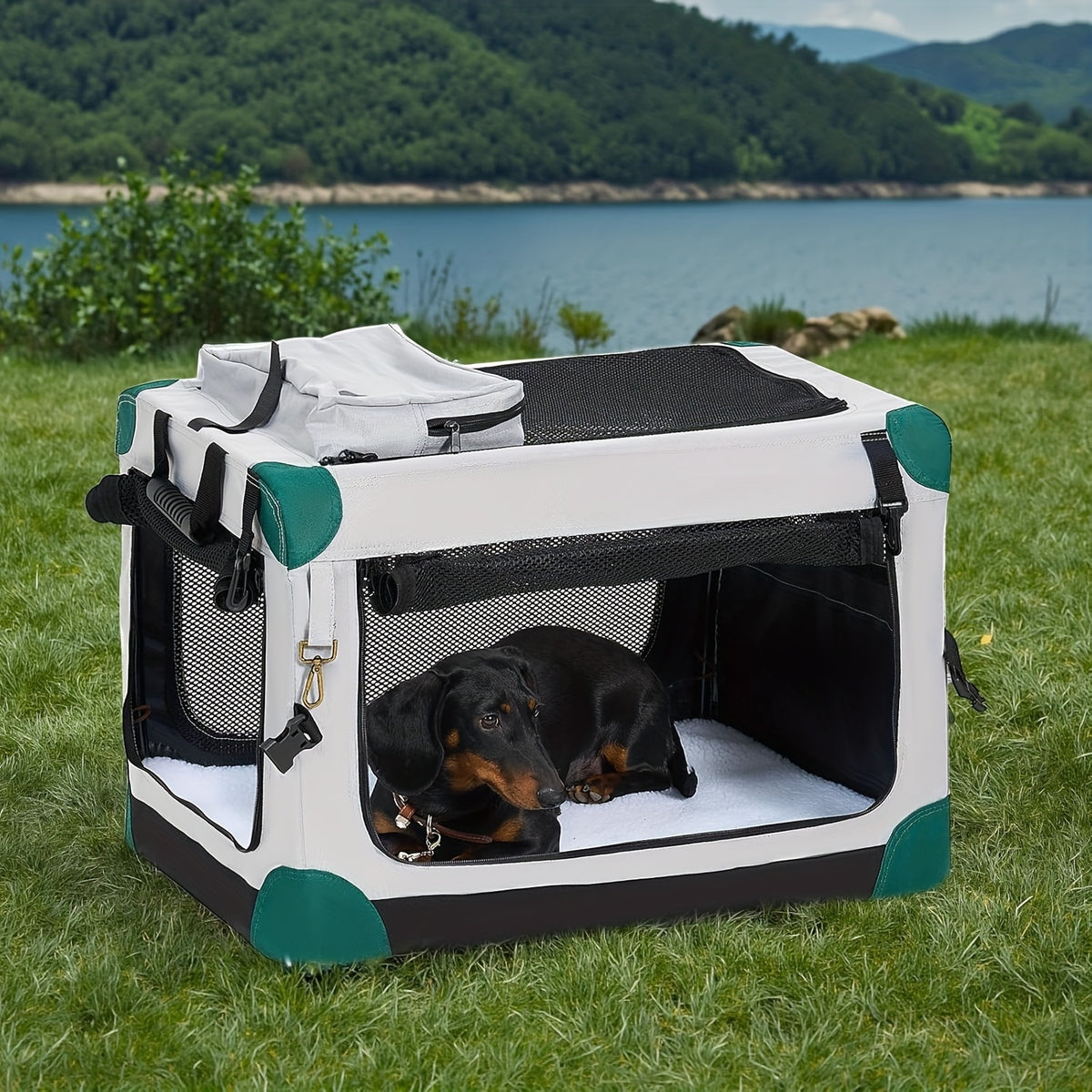 Soft Collapsible Dog Crate 26 or 30 Inch, Portable 3-Door Travel Pet Crate with Mesh Windows and Storage Bag for Indoor and Outdoor Use