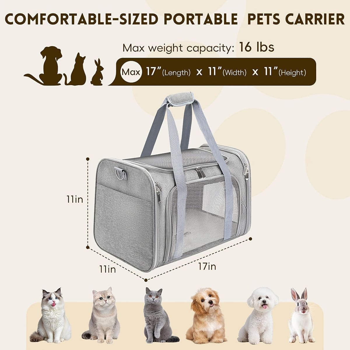 Soft-Sided Pet Travel Cage for Cats and Puppies up to 25 lbs, Large Foldable Cat Carrier in Black or Grey for Vet Visits and Everyday Outings