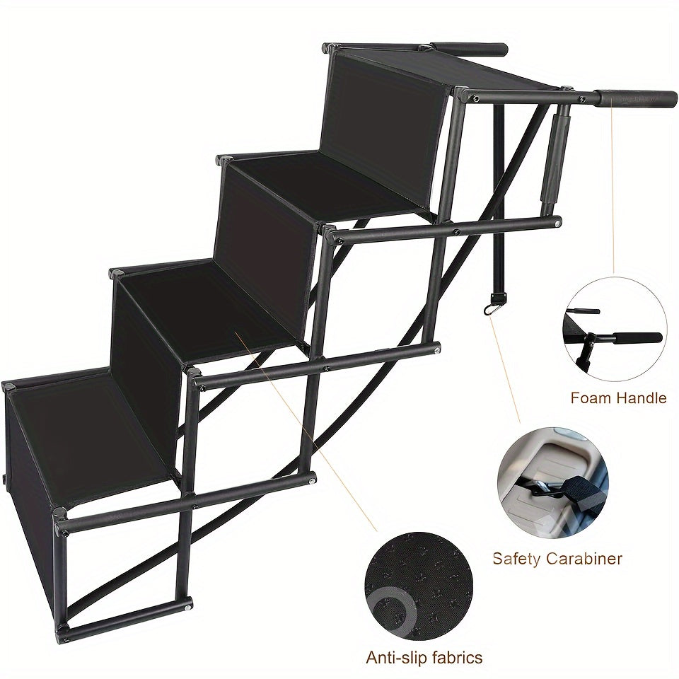 Folding Dog Car Stairs with Non-Slip Steps, Collapsible Pet Access Ladder with Attachment Strap for Cars, SUVs and Trucks, Black Upgrade Model
