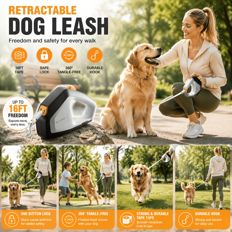 Heavy Duty Retractable Dog Leash for Large Dogs up to 110 lbs, Durable Nylon Walking Lead with One-Hand Brake, Pause and Lock Control