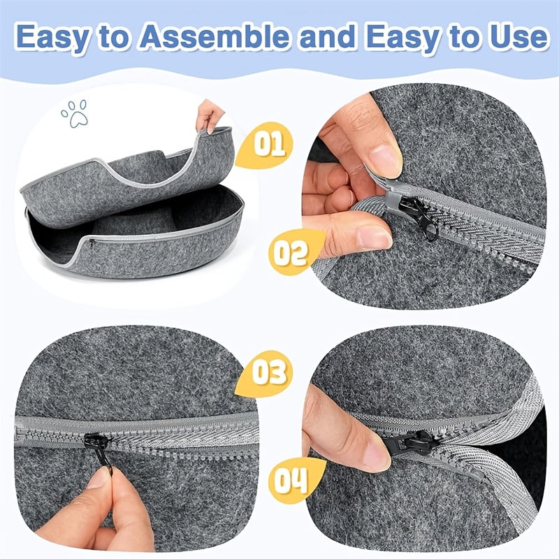 Donut Cat Tunnel Bed for Indoor Cats, Round Hideaway Nest with Pom-Pom Toys, 20 or 24 Inch Cat Cave in Light Gray or Dark Gray