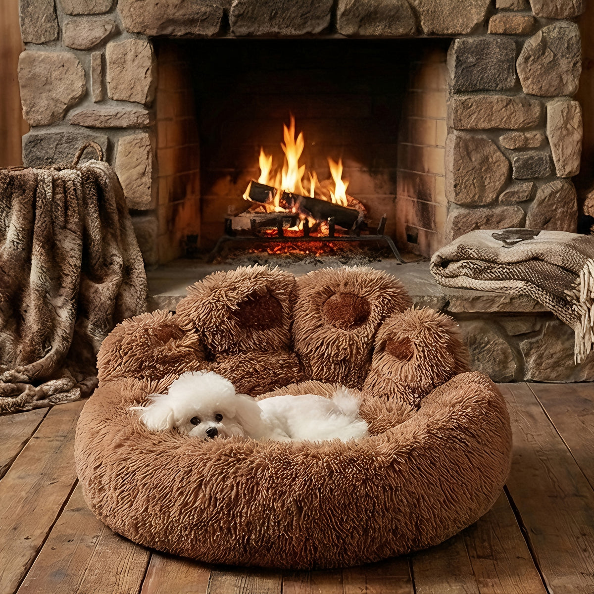 Plush Dog Bed with Bear Paw Design, Washable Fluffy Pet Sleeping Cushion with Raised Edges, 60–90 cm Sizes in Coffee, Pink and Gray