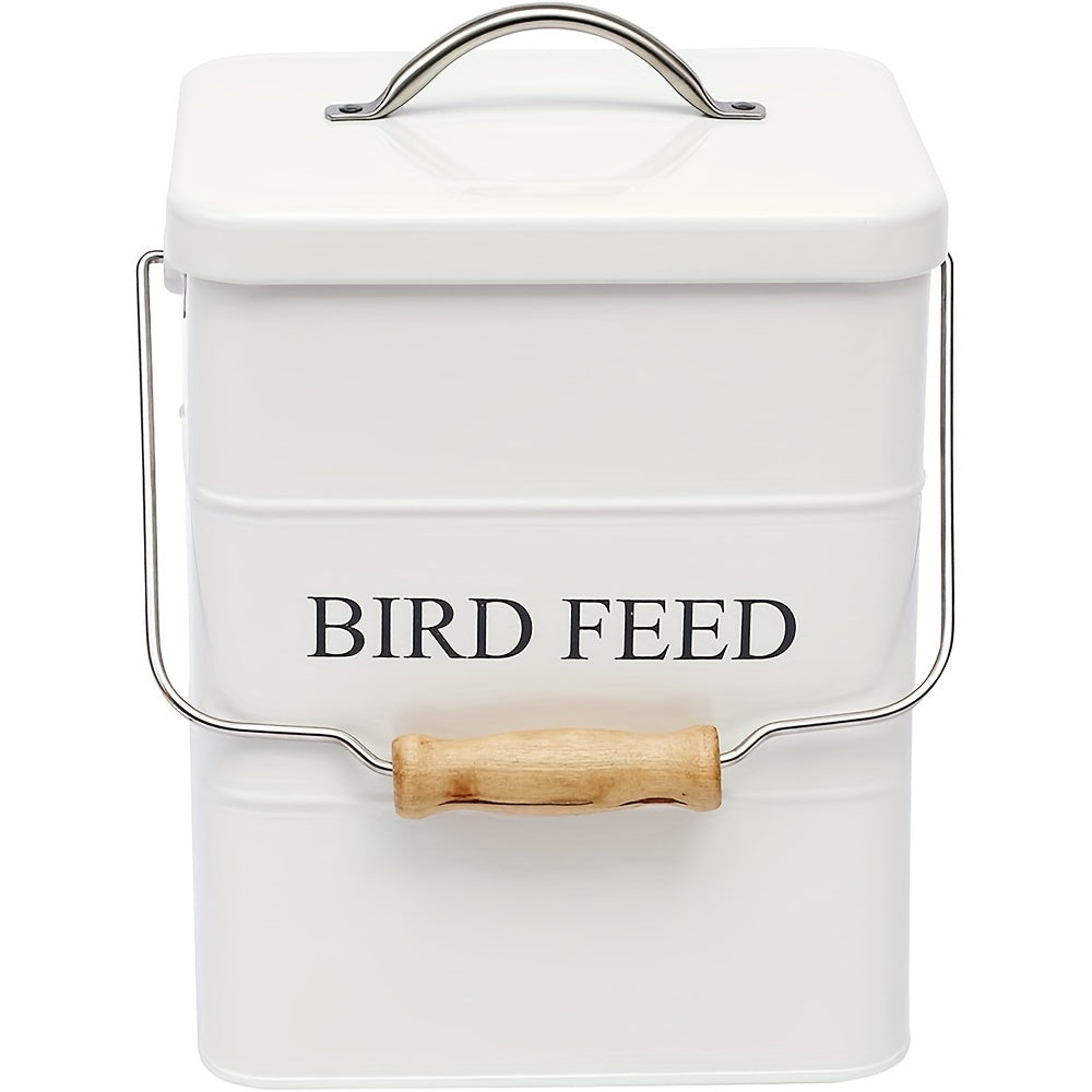 Bird Seed Storage Tin with Lid, Metal Bird Food Container in White or Black, Vintage Farmhouse Style Bucket for Organized Feeding Supplies at Home