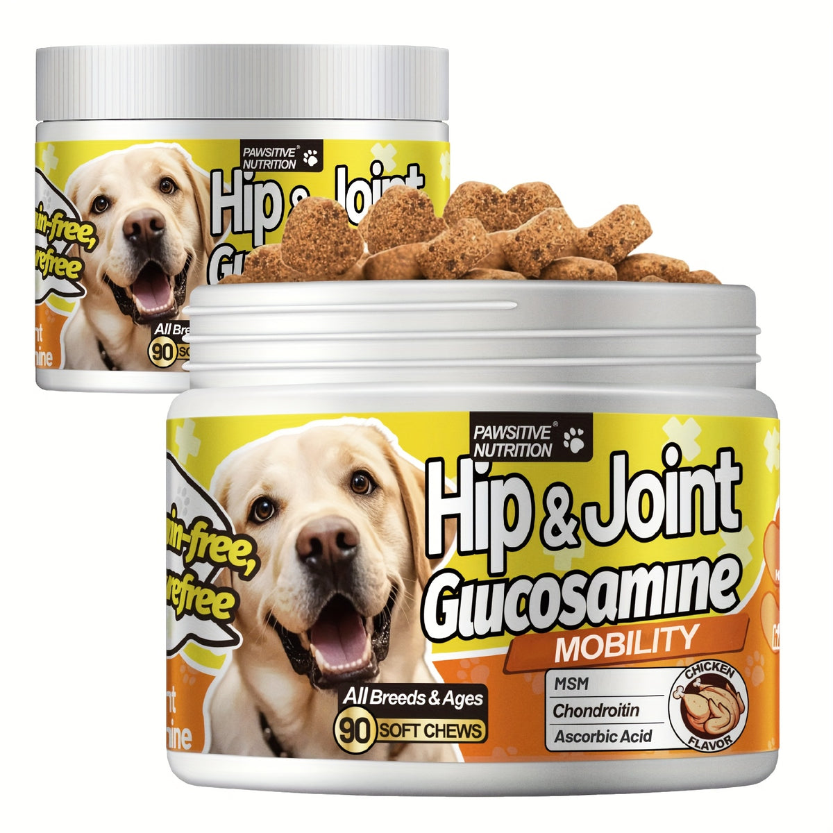 Dog Hip and Joint Supplement Chews, Chicken Flavor with Glucosamine, Chondroitin, Alaskan Salmon Oil and MSM, 90 Count Listing with One or Two Bottle Options