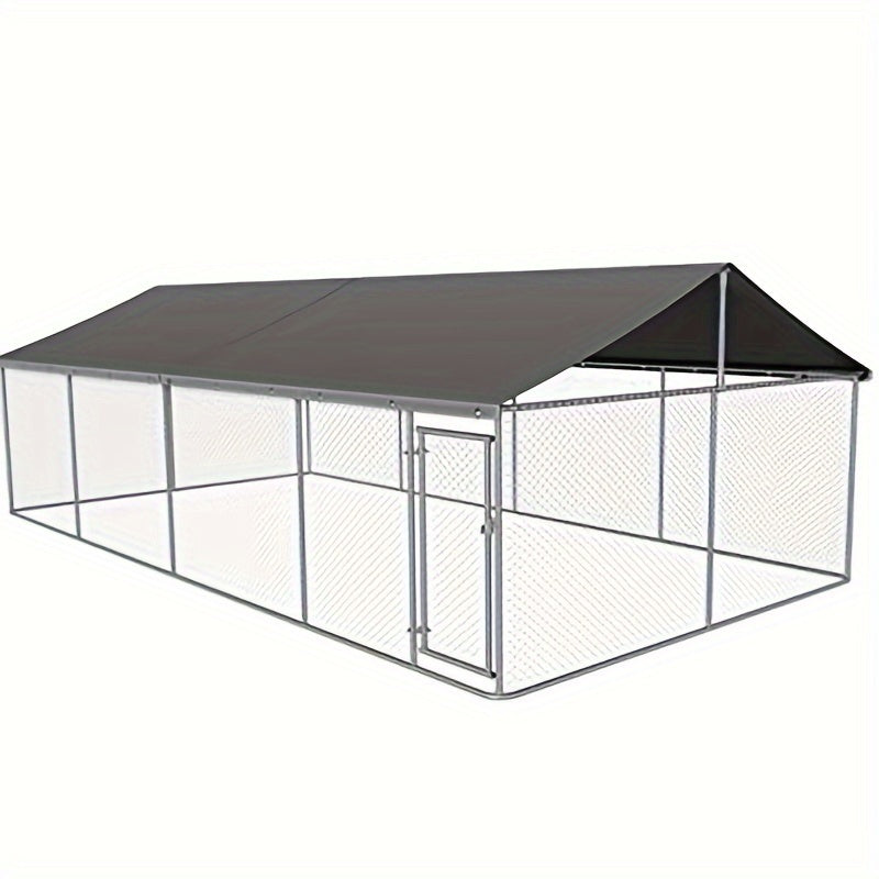 Galvanized Metal Dog Kennel with Canopy, Outdoor Steel Mesh Enclosure with Lockable Gate and PE Roof Cover, Three Backyard Dog Run Size Options