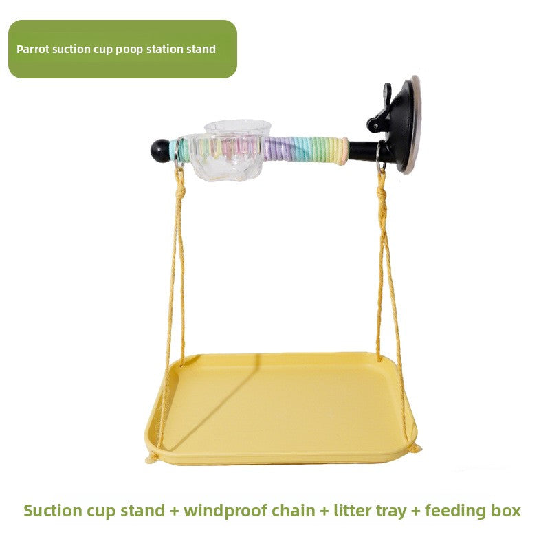 Bird Window Perch with Suction Cup, Parrot Stand with Waste Tray and Anti-Fly Chain, 3-Piece Set for Budgies, Parakeets and Cockatiels