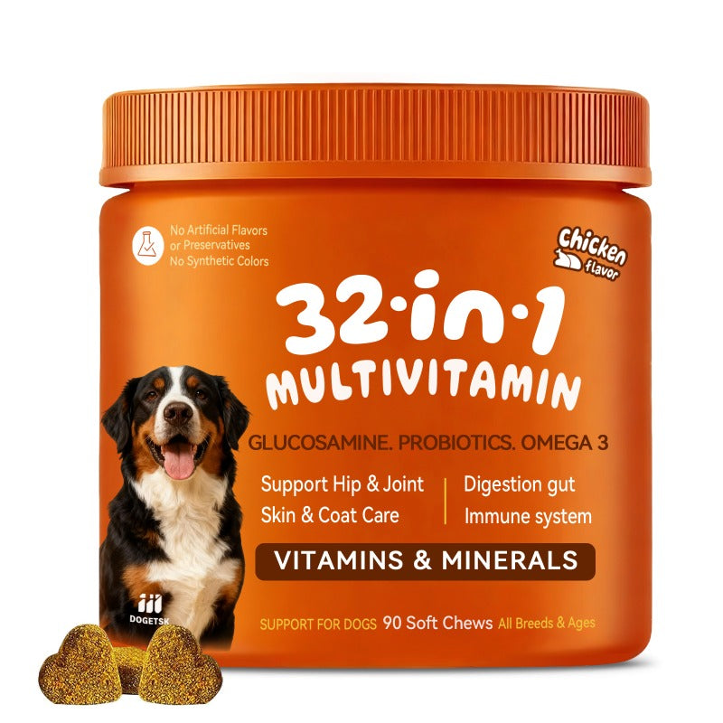 Dog Multivitamin Soft Chews 90 Count per Can, Chicken Flavor 32-in-1 Formula with Omega-3, Probiotics and Glucosamine, One or Two Can Options