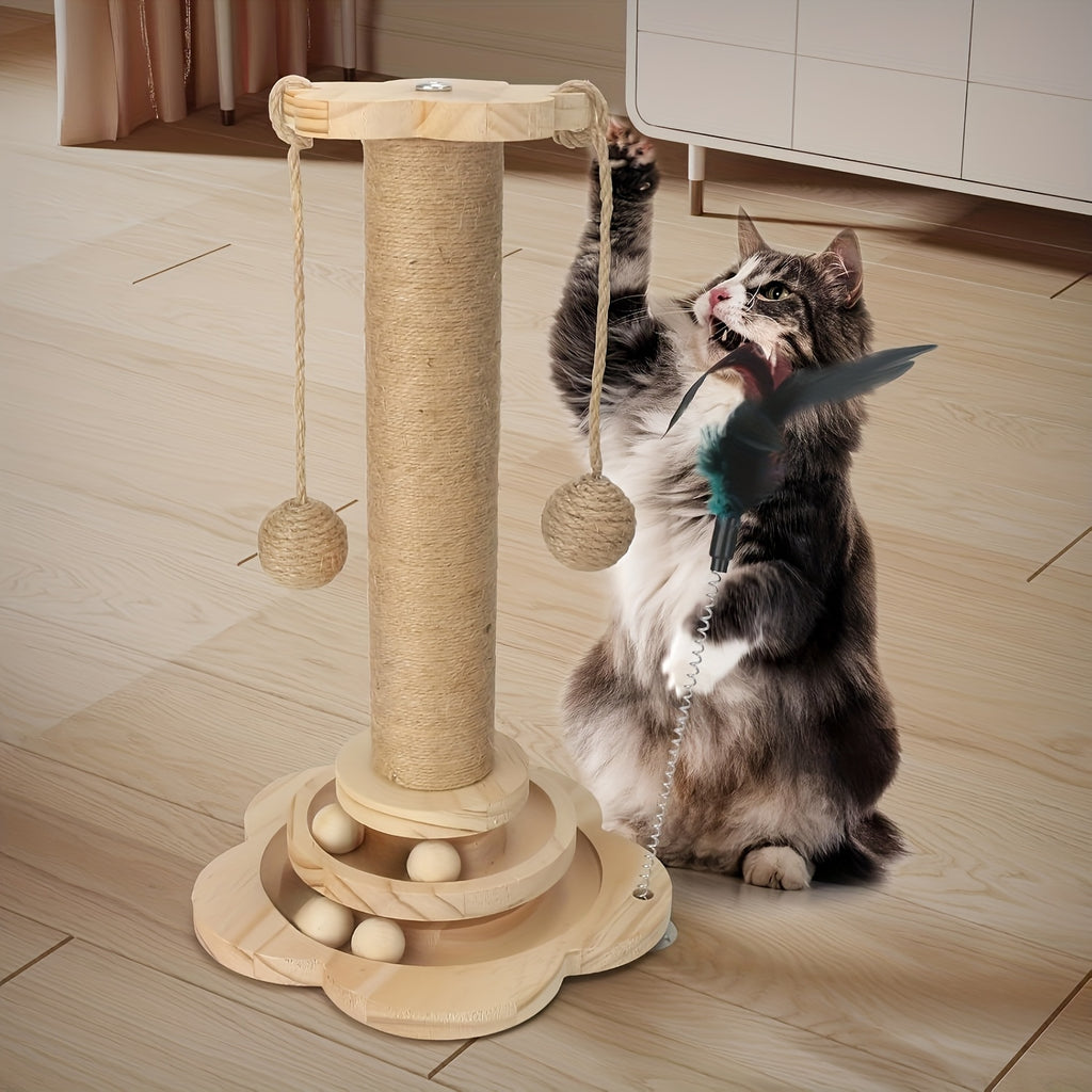 Cat Scratching Post Activity Center with 2-Level Ball Track, Sisal Rope, Pinewood Base, Feather Toy and Hanging Balls for Indoor Cats