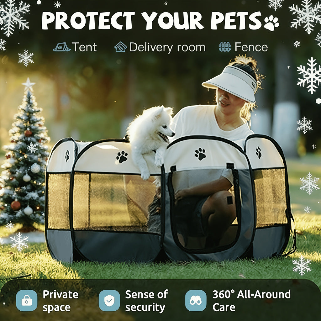 Folding Pet Playpen for Dogs and Cats, Octagonal Oxford Cloth Enclosure with Mesh Windows and Paw Print Panels for Supervised Indoor and Outdoor Use