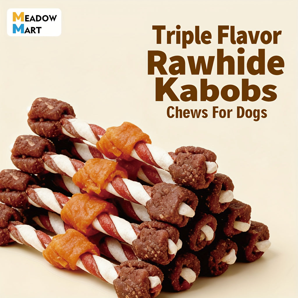 Dog Treat Kabobs with Rawhide, Beef, Chicken and Chicken Liver, Triple Flavor Chew Snacks for Supervised Treat Time in 100g to 900g Pack Options