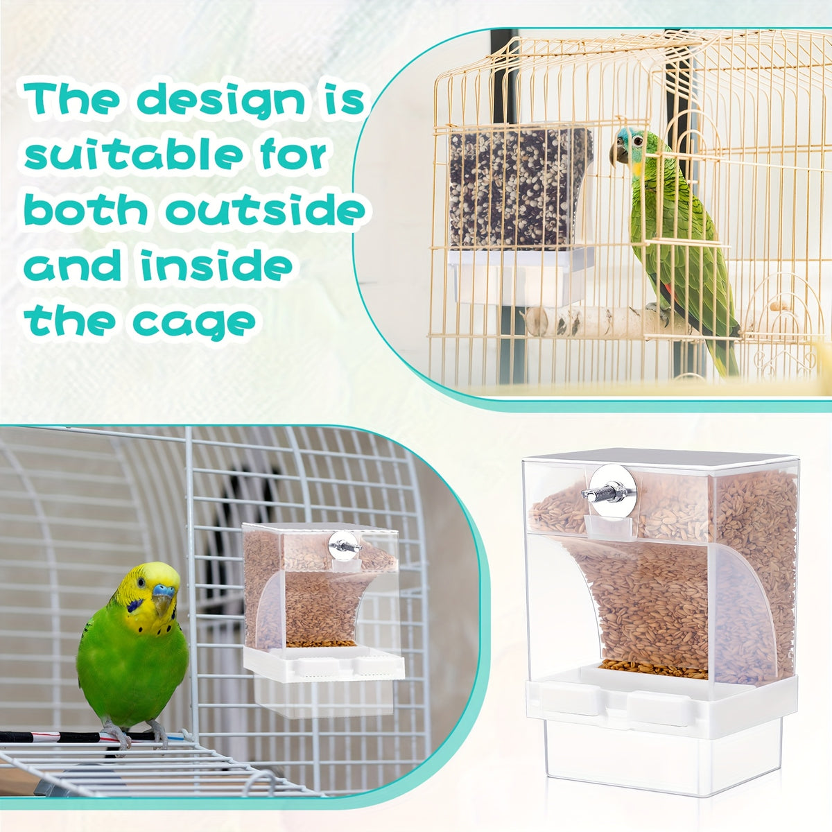 Gravity-Fed Bird Cage Feeder 8-Piece Set, Transparent Plastic Seed Dispensers with Mess-Reducing Design for Parakeets, Canaries, Cockatiels and Finches
