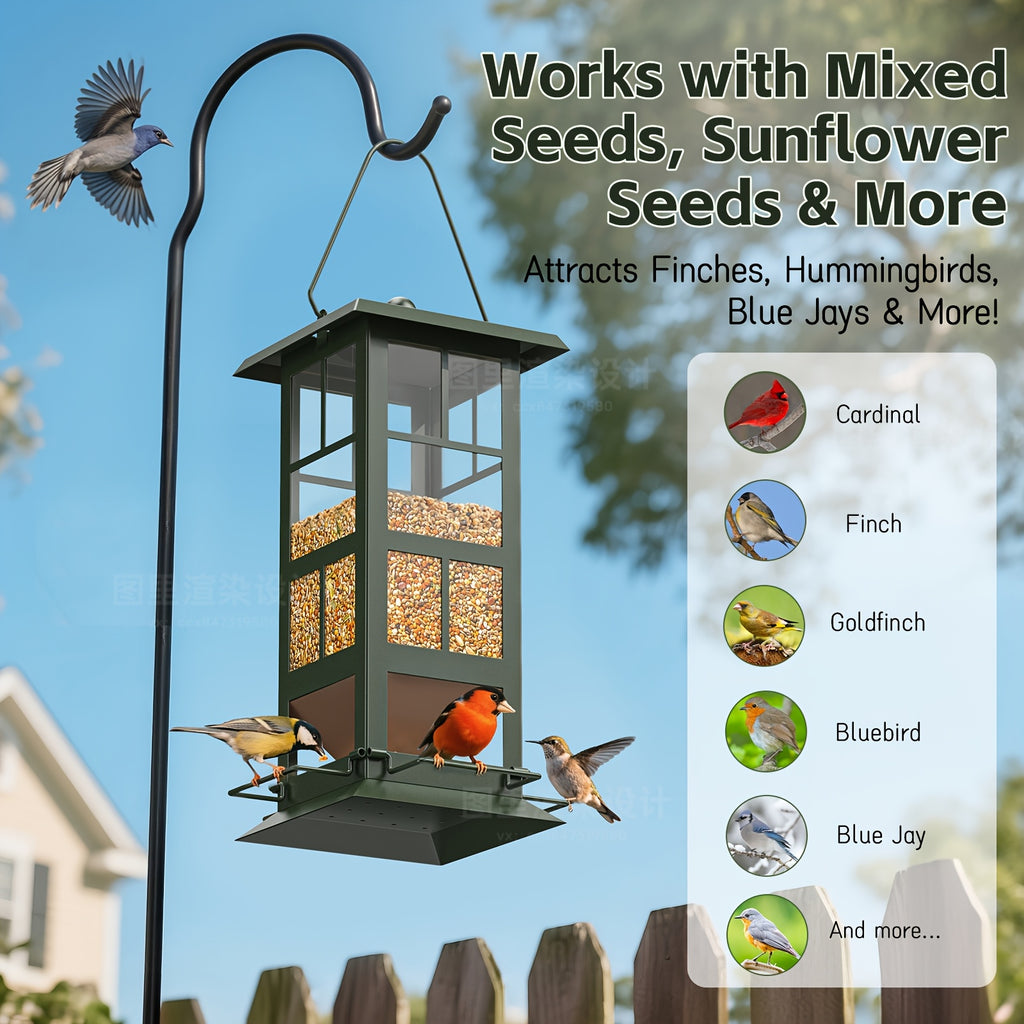 Four-Port Bird Feeder for Outdoors, Green Metal Hanging Wild Bird Feeder with Drainage Holes and Easy-Fill Design for Backyard Birdwatching