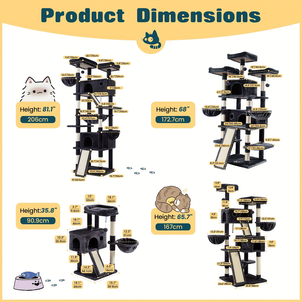 Multi-Size Cat Tree Tower for Indoor Cats, 36 65 68 or 81 Inch Multi-Level Pet Furniture with Sisal Scratching Posts and Plush Resting Areas