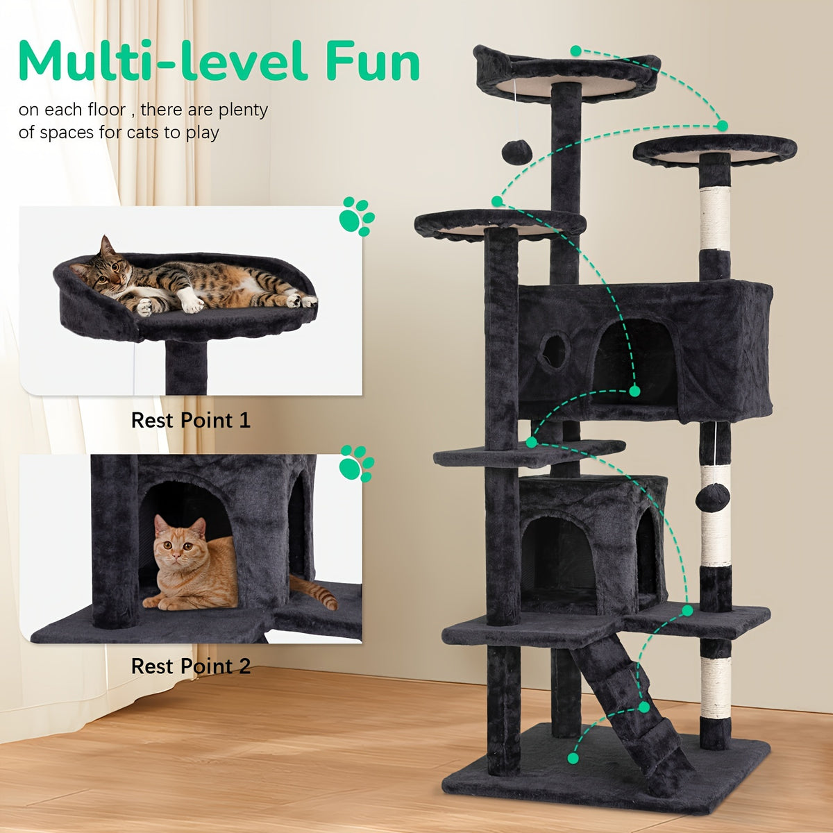 Cat Tree Activity Center for Indoor Cats, Multi-Level Climbing Tower with Scratching Posts, Perches and Condo Hideaways, 36-80 Inch Height Options