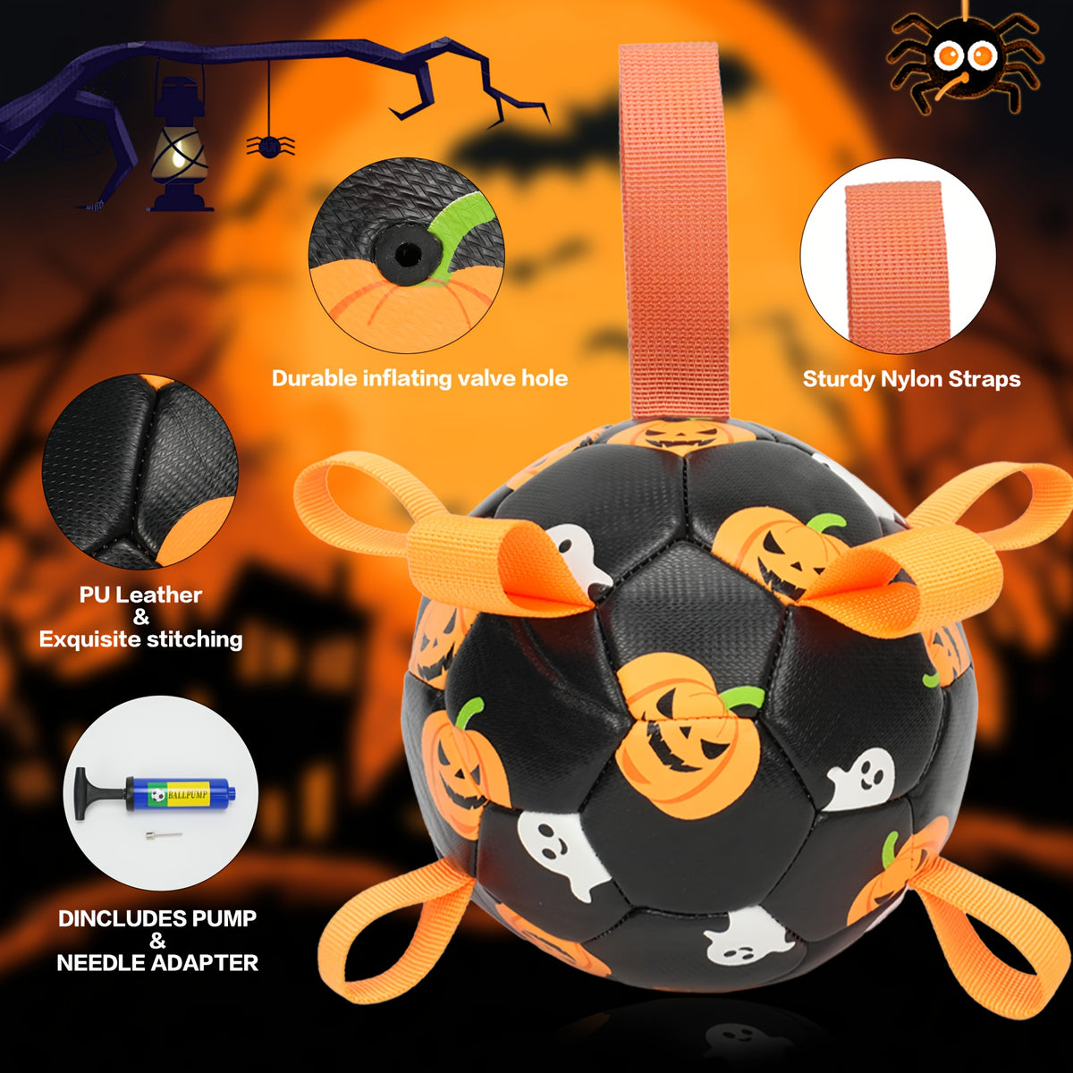 Halloween Dog Ball with Pumpkin and Ghost Print, Black Soccer-Style Fetch Toy with Orange Grab Straps, Pump and Needle for Supervised Outdoor Play