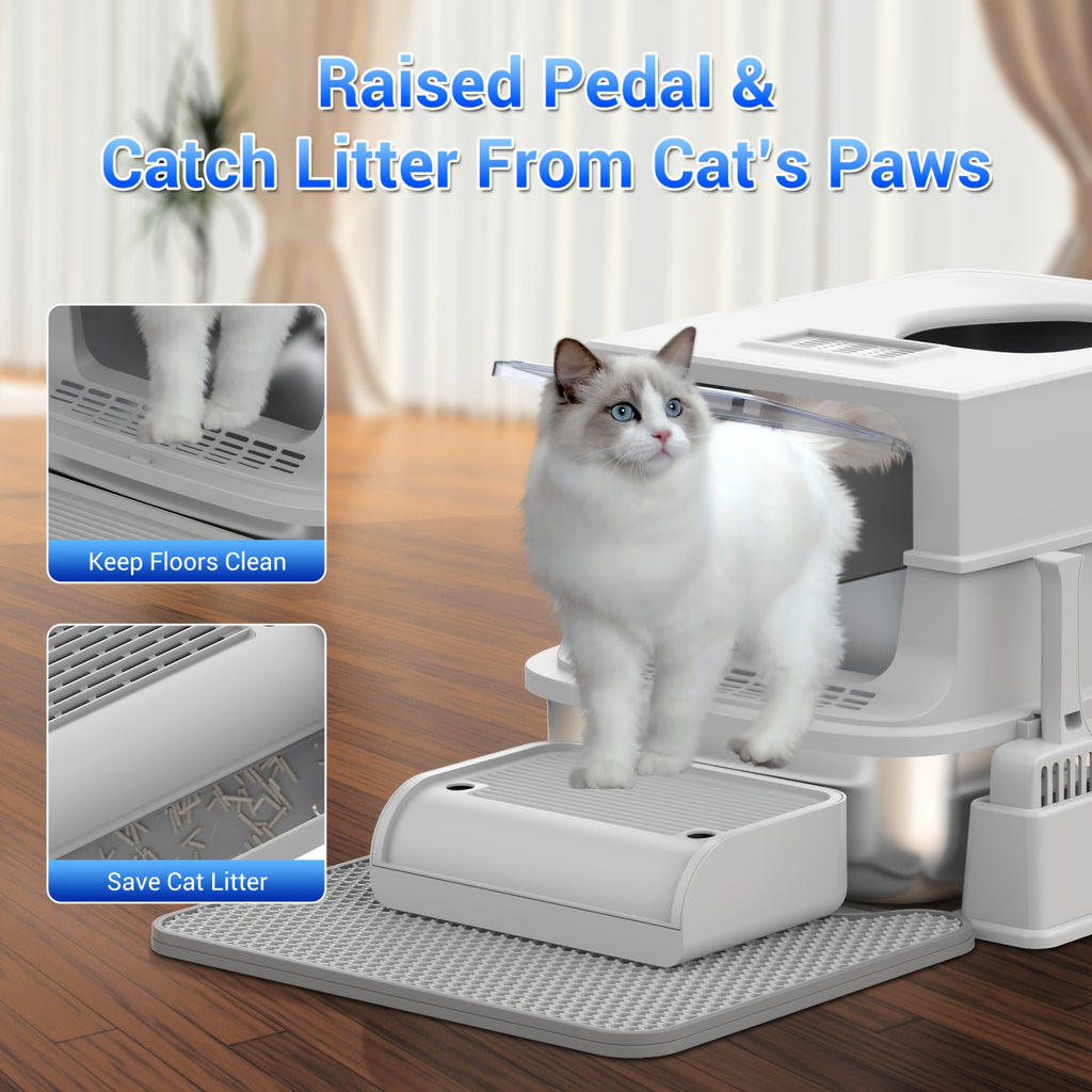 Modular Stainless Steel Cat Litter Box with Lid, Extra Large High-Sided Enclosed or Semi-Open Cat Toilet with Step, Mat and Scoop