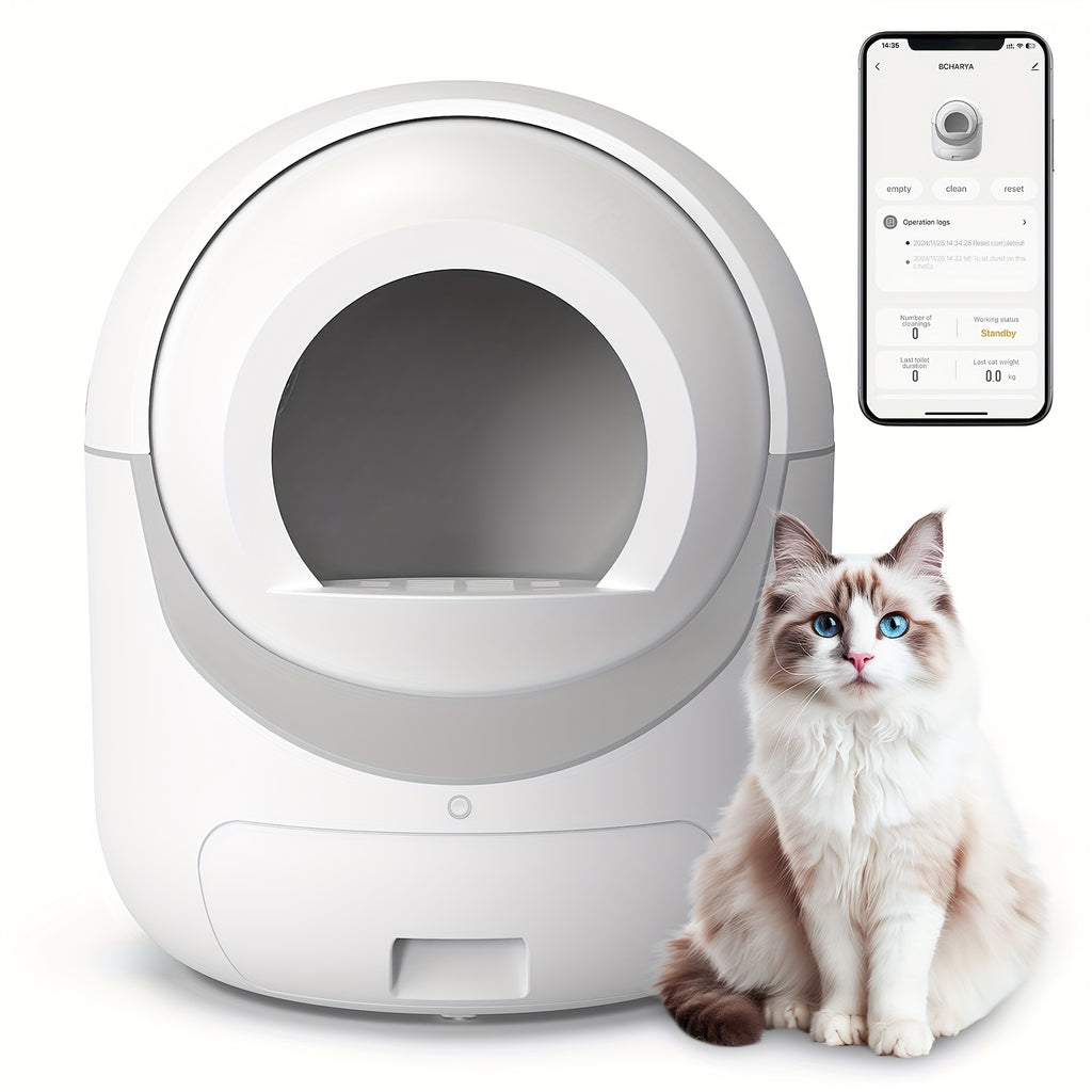 Self Cleaning Litter Box with App Control, White Automatic Cat Toilet with Odor Control Features and Waste Bags for Multi-Cat Household Cleanup