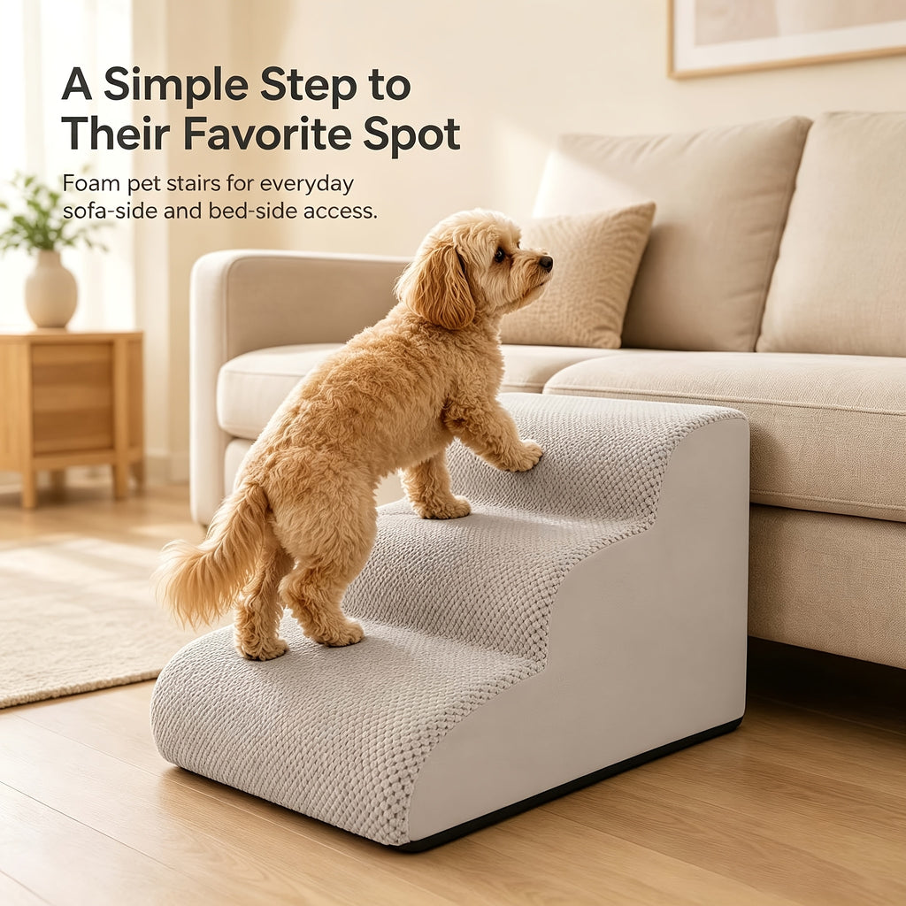 Dog Steps for Couch and Bed, High-Density Foam Pet Stairs with Curved Climbing Design for Dogs and Cats, Indoor Furniture Access in Gray or White Options