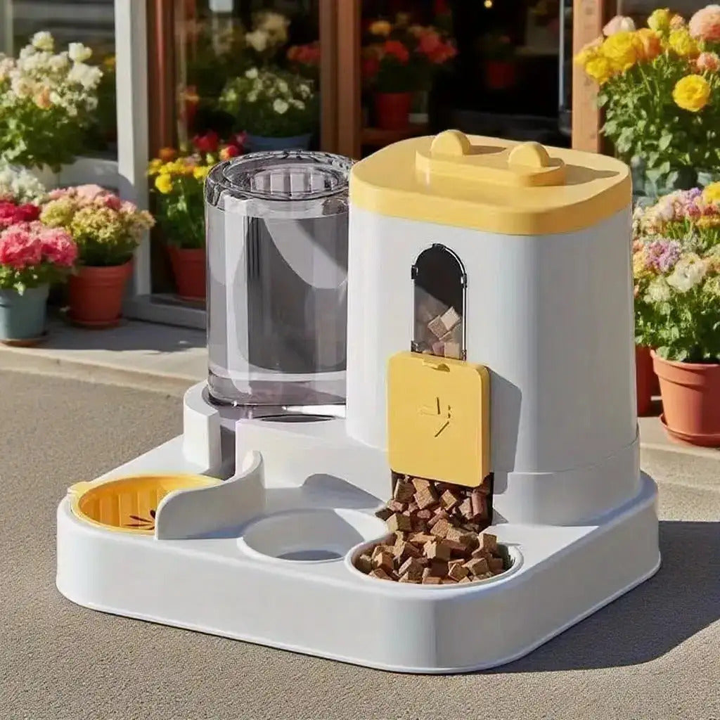 Pet Feeder and Water Dispenser Combo with Cat-Ear Lid, Visible Dry Food Window and Siphon Water Bottle for Cats and Small Dogs, Three Color Options