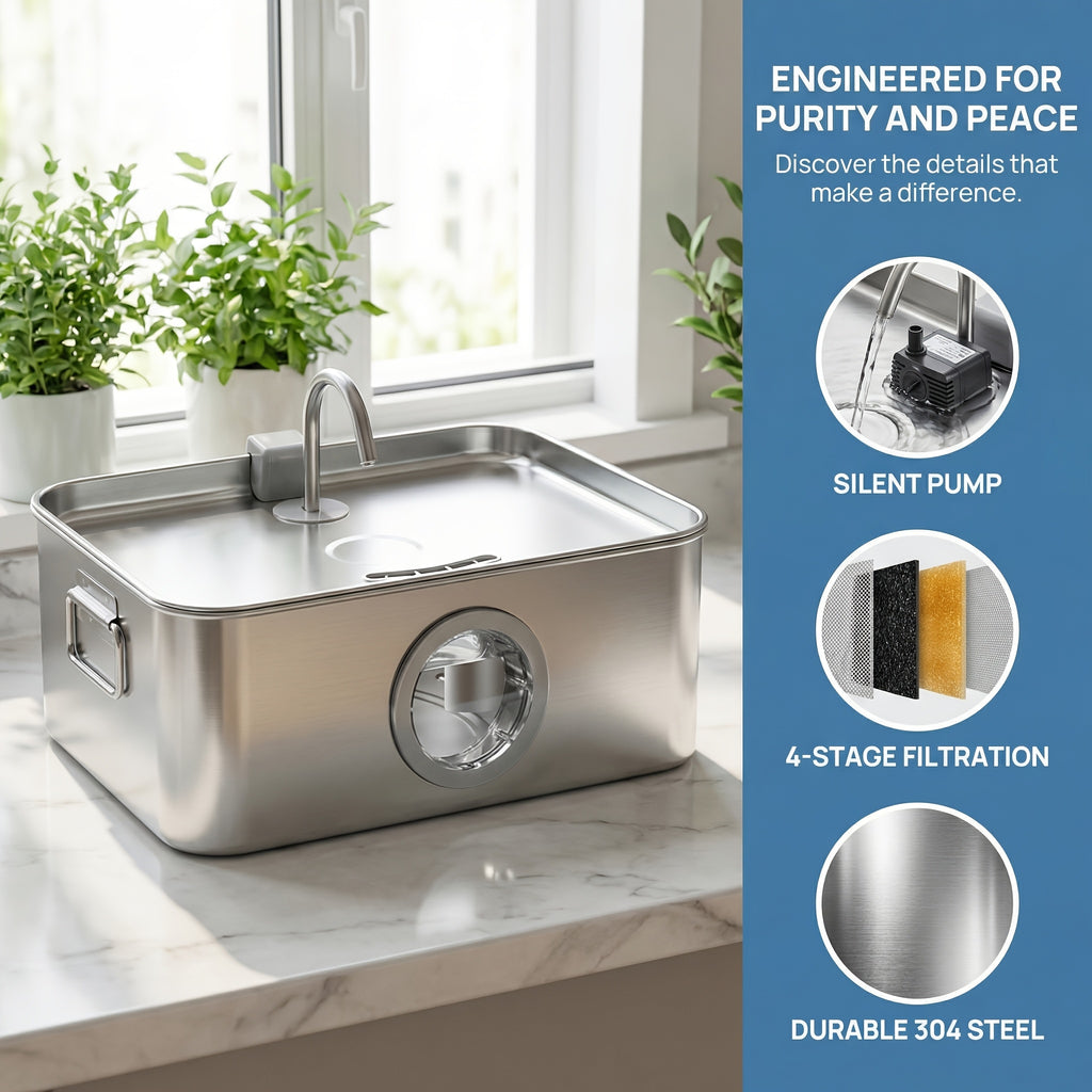 Stainless Steel Dog Water Fountain 12L 3.2 Gal for Large Dogs and Multi-Pet Homes, Ultra Quiet Pet Water Dispenser with Water Level Window, Dry Burn Protection and Red Blue Indicator Lights, Easy to Clean, Without Battery