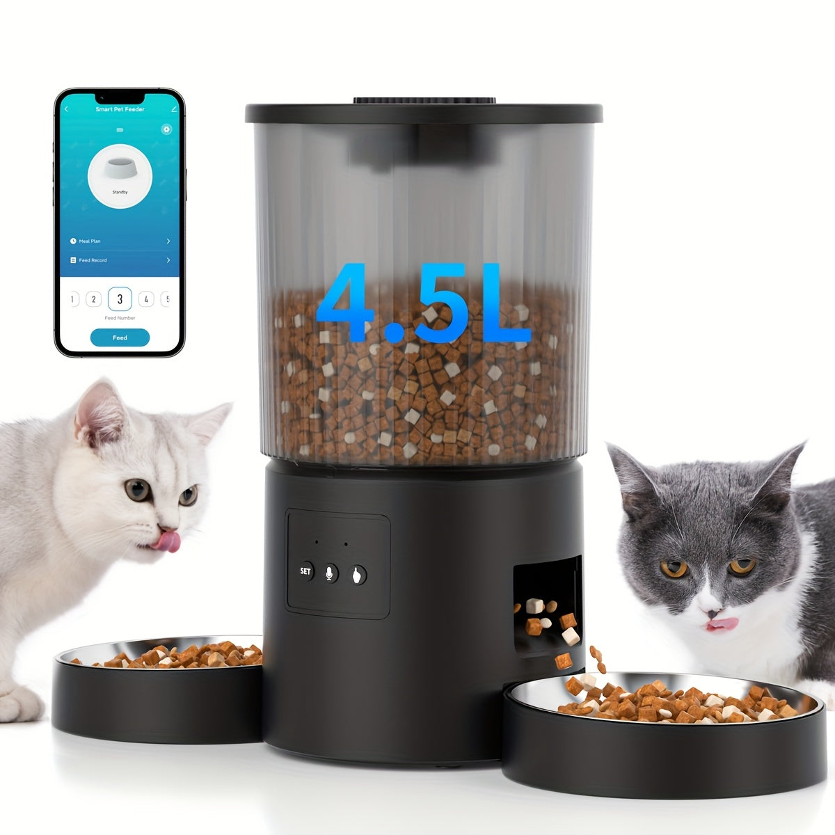 Automatic Cat Feeder for Two Cats, 4.5L WiFi App-Controlled Dry Food Dispenser with Double Bowls and Timed Feeding for Multi-Pet Homes