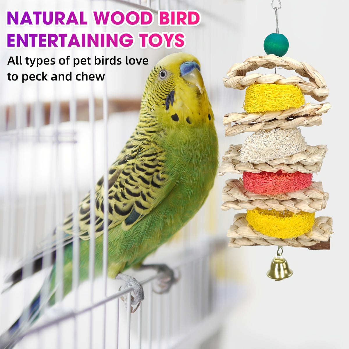 Parrot Chew Toy Set 7 Pieces with Corn Husks, Loofah, Rattan Balls and Wooden Beads, Hanging Bird Cage Toys with Swing and Perches for Daily Enrichment