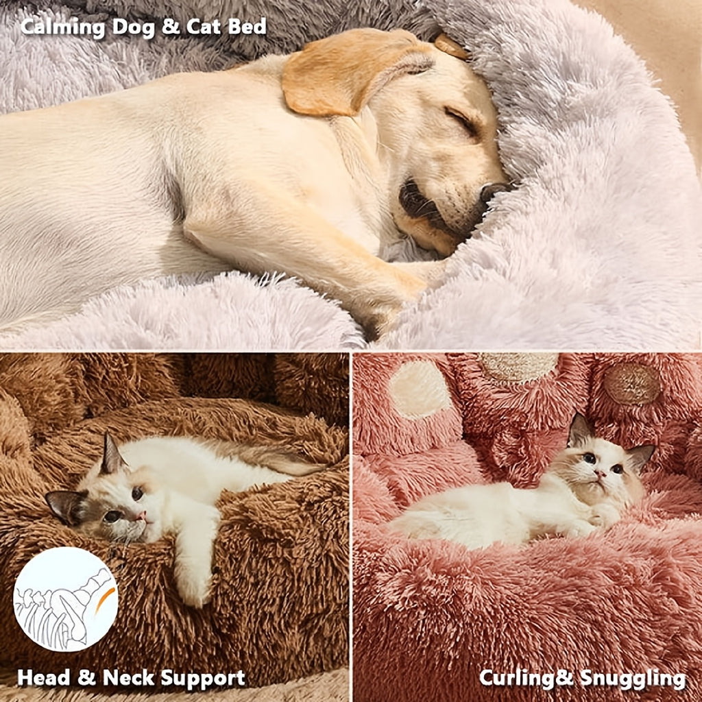 Donut Dog Bed with Bear Paw Design, Soft Plush Cuddler for Dogs and Cats, Cozy Indoor Sleeping Nest in Coffee Gray or Pink, 22 to 37 Inch Sizes
