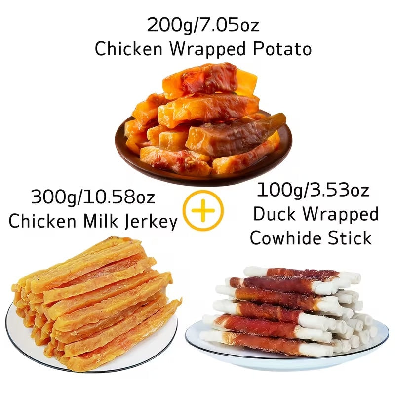 Dog Treat Assortment with Chicken Jerky and Wrapped Chew Selections, Combination 1–6 Options for Medium and Large Dogs, Supervised Snack and Reward Time