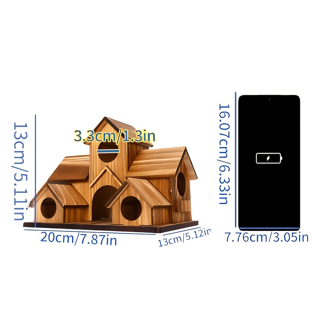Rustic Outdoor Birdhouse in Dark Brown, Wooden Country Cottage Design with Multiple Entry Openings and Pitched Roofs for Garden and Yard Decor