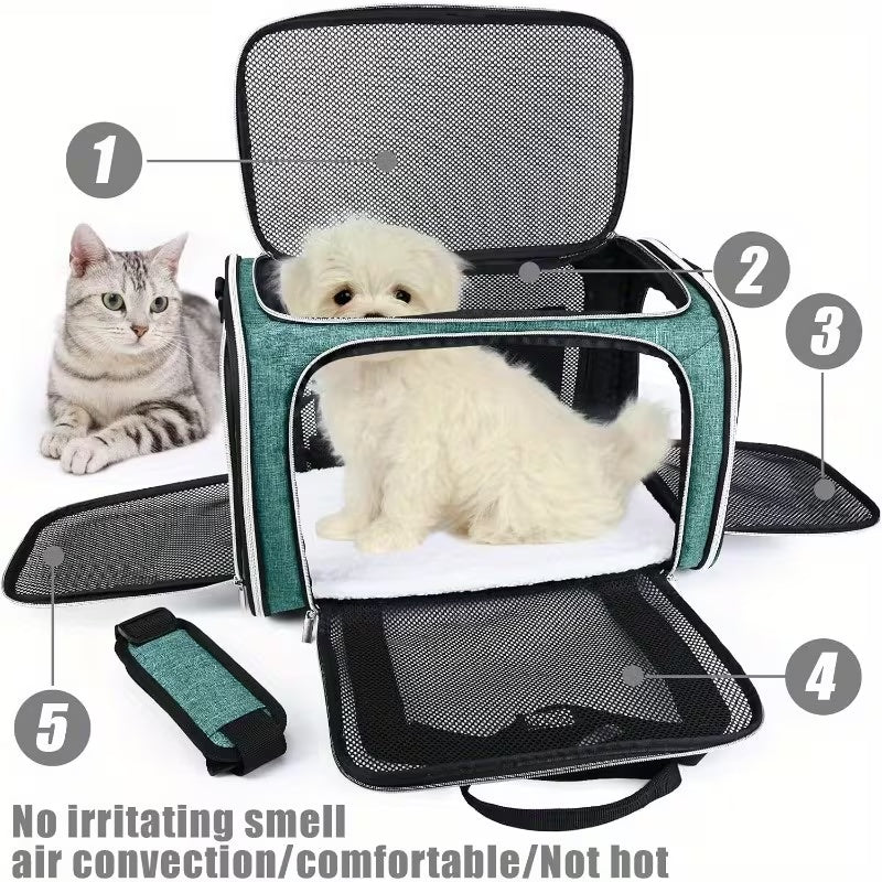 Expandable Cat Carrier Backpack with 3-Sided Expansion and 5-Sided Ventilation, Soft-Sided Foldable Pet Travel Bag with Plush Fleece Pad