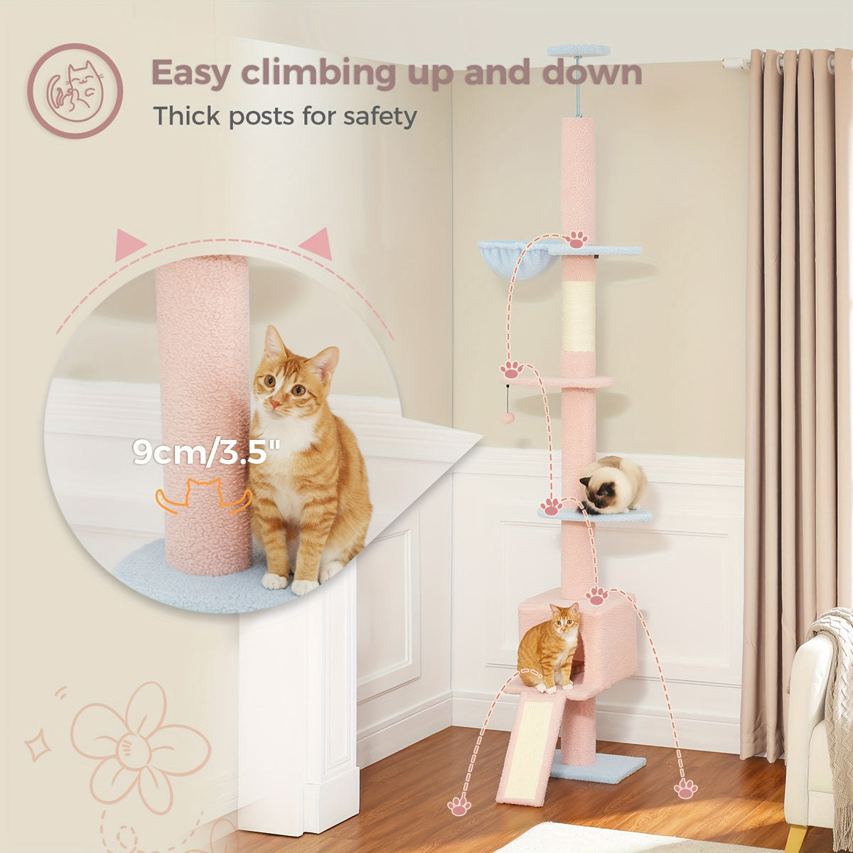 5-Tier Floor to Ceiling Cat Tree, 83–108 Inch Adjustable Indoor Cat Tower with Condo, Hammock, Scratching Post and Ladder in Seven Color Options