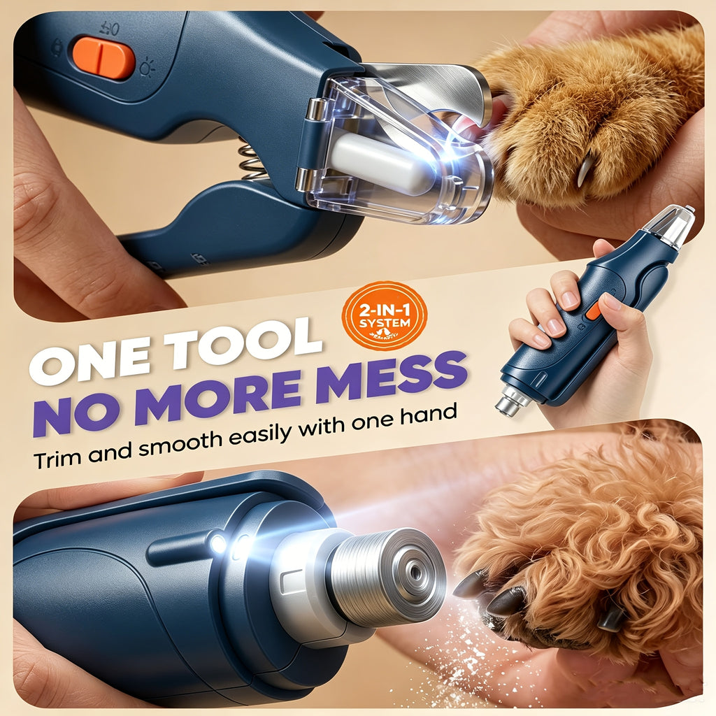 Pet Nail Clipper and Grinder Combo with LED Light and Clear Guard, 2-in-1 Dog and Cat Claw Trimming Tool for At-Home Grooming