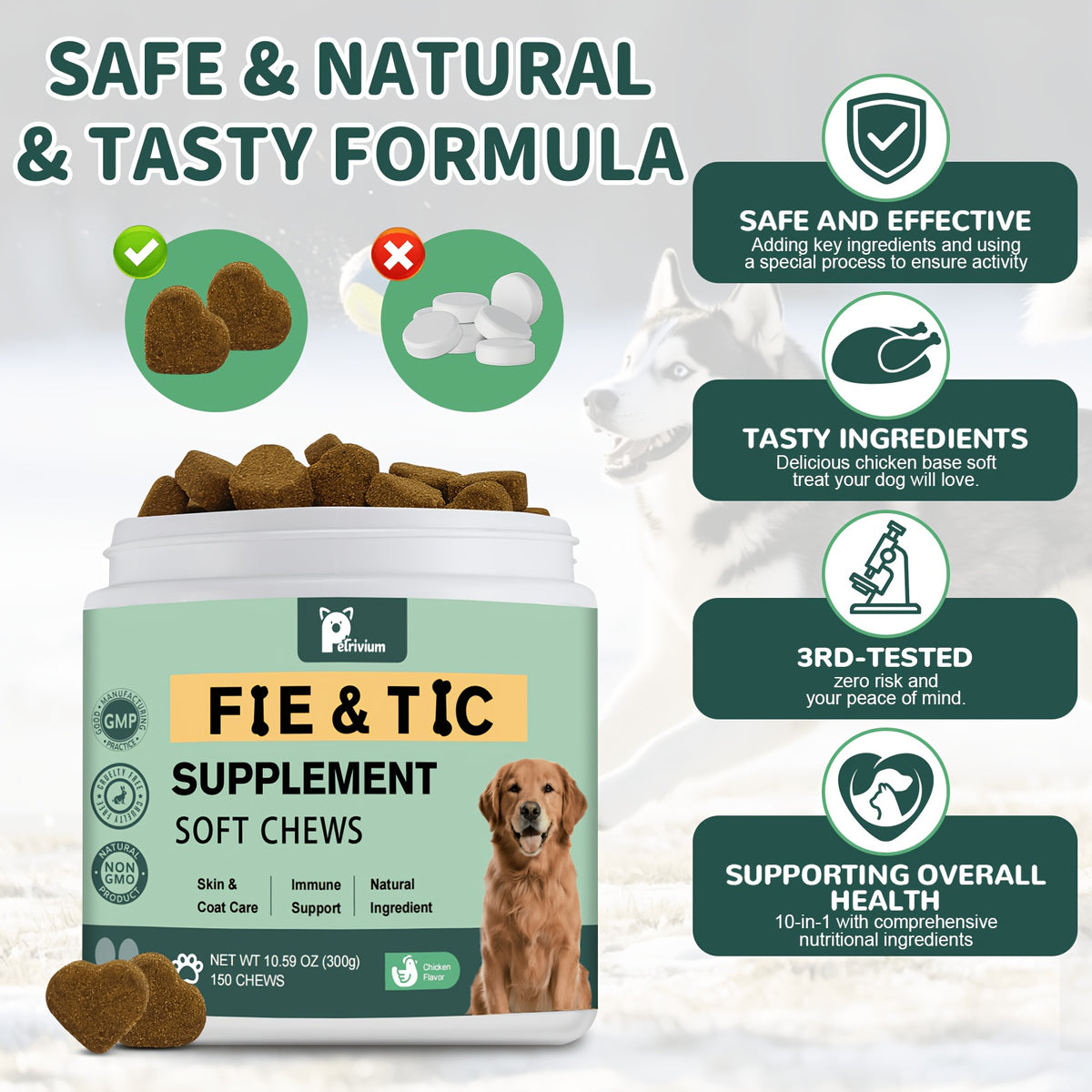 Brewer's Yeast Dog Supplement, 150 Count Chicken Flavor Formula with Flax Seed Meal and Coriander for Canine Nutrition Routines, 300g