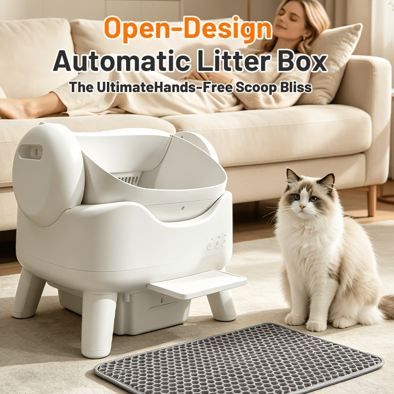Automatic Cat Litter Box with 4-Gallon Waste Bin, Open-Top Self-Cleaning Cat Toilet with No App, Washable Liner, Litter Mat and Waste Bags