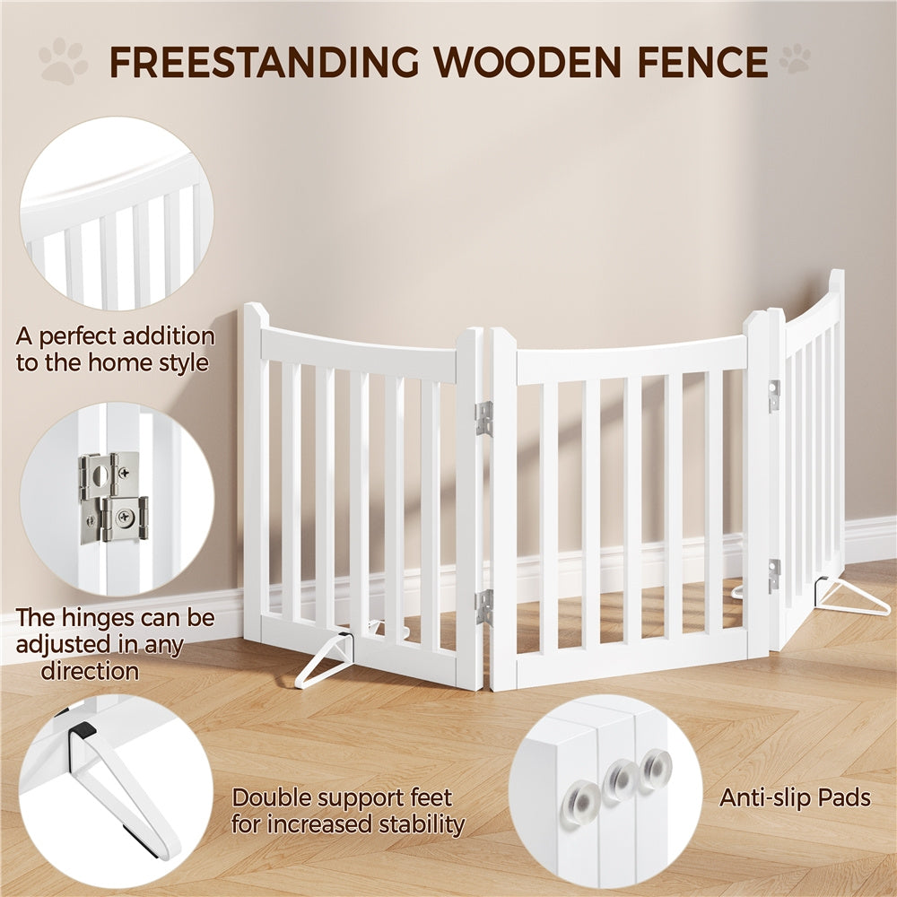 Freestanding Folding Dog Gate in White, 24 Inch Tall MDF Pet Barrier with Door and Two Support Feet for Small Dogs, Indoor Doorways and Hallways