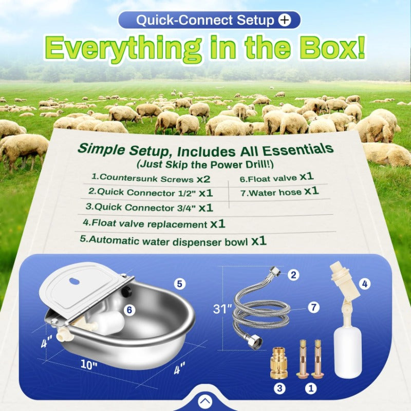 Self-Filling Animal Water Bowl 2.5L, 304 Stainless Steel Wall-Mounted Float Valve Waterer for Outdoor Dogs, Horses, Goats, Cows and Chickens